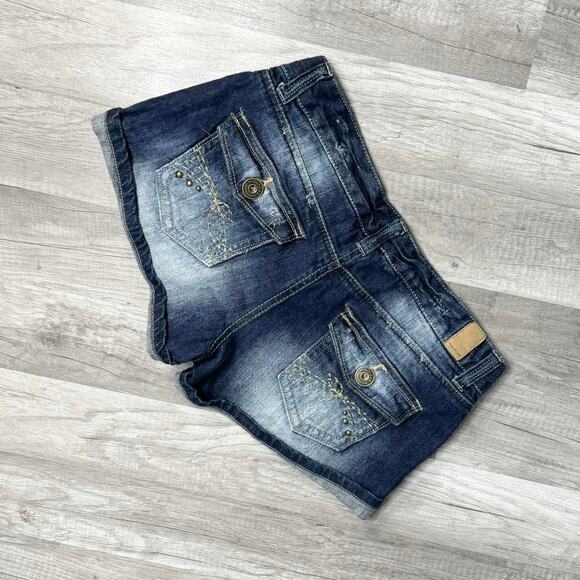 Y2k 00s Style Dark Wash Low Rise Shorts Size 7/8 Flap Pockets Bella Ellena - Picture 6 of 6